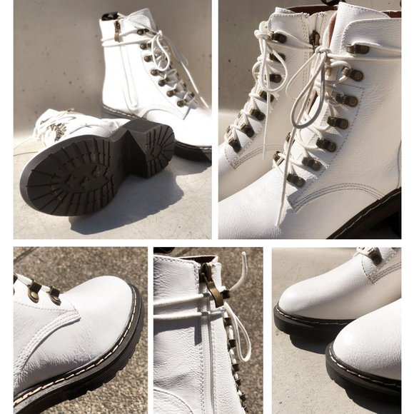 NEW White Faux Vegan Leather Laced Up Lug Sole Platform Ankle Combat Boots Shoes - Picture 8 of 12